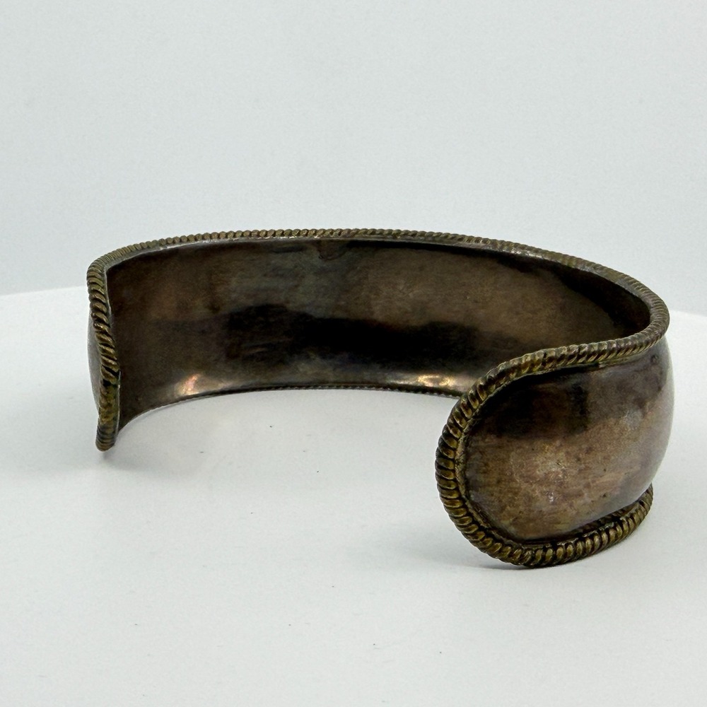 Vintage Monogrammed Wide Cuff Bracelet Textured Brass Tone Rope Trim Statement